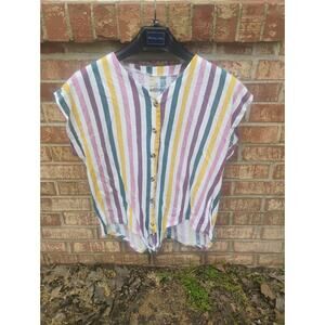 Boho Vertical Striped Tie Front Shirt Womens XL Coastal Retro Rainbow Summer Top